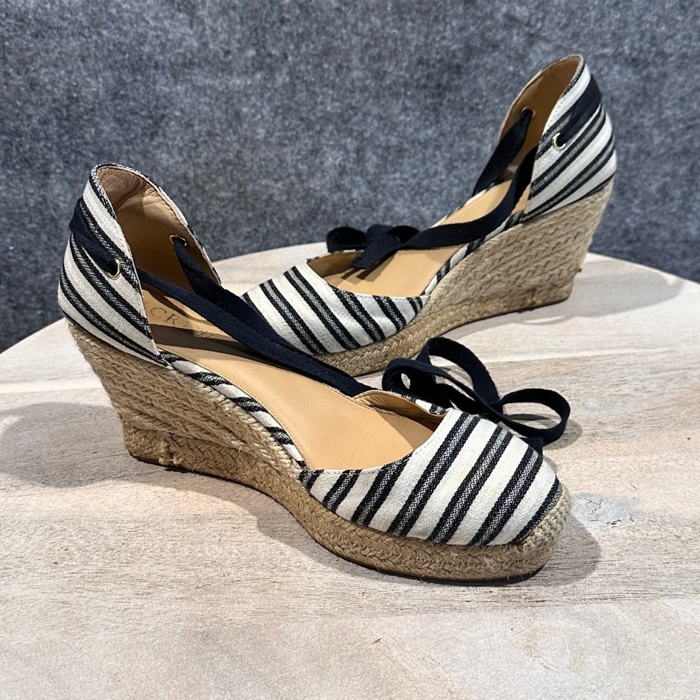 J.Crew Womens Striped Espadrille Wedge Sandals Size 8 Ankle Wrap Black White
